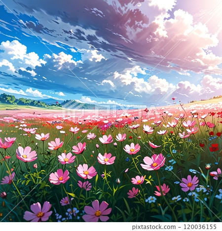 Cosmos field illuminated by the sun 120036155