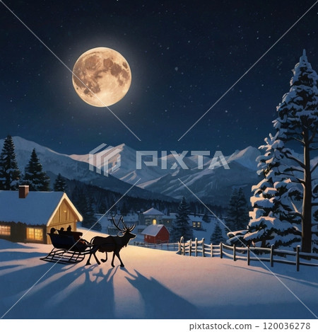 A reindeer walking through the night sky under the full moon and stars shining in the night sky 120036278