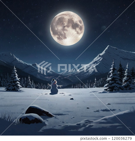 A snowman gazing at the stars on a full moon night 120036279