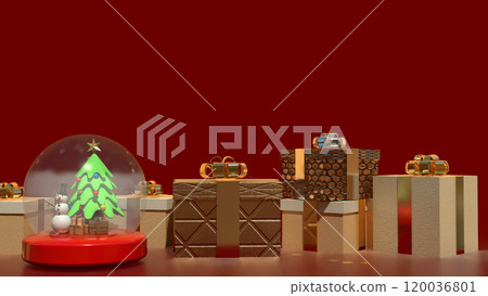 The Snow man in glass ball and gift box for holiday and celebration concept 3d rendering. The Snow man in glass ball and gift box for holiday and celebration concept 3d rendering. 120036801
