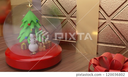 The Snow man in glass ball and gift box for holiday and celebration concept 3d rendering. The Snow man in glass ball and gift box for holiday and celebration concept 3d rendering. 120036802