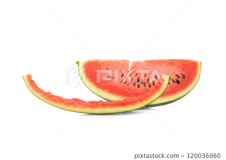 Watermelon slice eaten, isolated on white background. Watermelon slice eaten, isolated on white background. 120036860