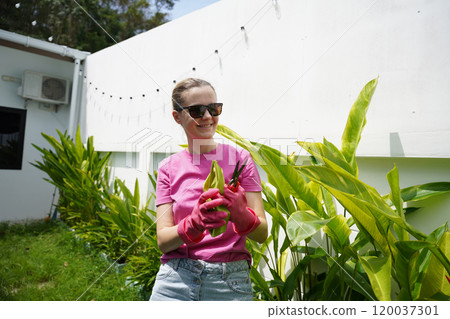 A young woman trims her beautiful garden A young woman trims her beautiful garden 120037301