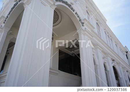 Detailed view of windows, doors and balconies of city buildings  120037386