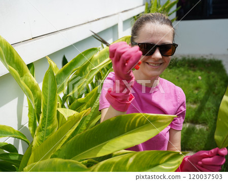 A young woman trims her beautiful garden A young woman trims her beautiful garden 120037503