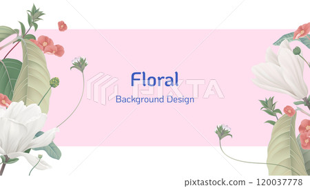 Floral banner background template design, various flowers and leaves on pink 120037778