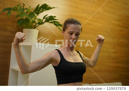 A young woman have a joyfully yoga practice  120037878