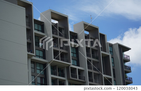 Detailed view of windows, doors and balconies of city buildings  120038043