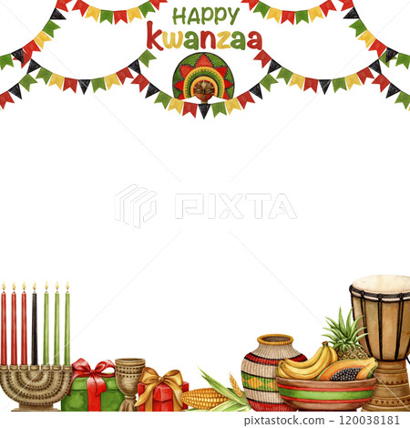 Happy Kwanzaa square frame with garland, Kinara, drum, fruit plate and gift. Hand drawn watercolor holiday illustration of traditional symbol. Isolated drawing for African-American designs. Happy Kwanzaa square frame with garland, Kinara, drum, fruit plate and gift. Hand drawn watercolor holiday illustration of traditional symbol. Isolated drawing for African-American designs. 120038181
