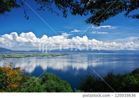 Lake Biwa under the blue summer sky: View from Tsuzura Ozaki Observatory on the Oku-Biwako Parkway Lake Biwa under the blue summer sky: View from Tsuzura Ozaki Observatory on the Oku-Biwako Parkway 120038636
