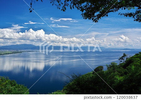 Lake Biwa under the blue summer sky: View from Tsuzura Ozaki Observatory on the Oku-Biwako Parkway Lake Biwa under the blue summer sky: View from Tsuzura Ozaki Observatory on the Oku-Biwako Parkway 120038637