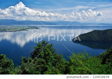 Lake Biwa under the blue summer sky: View from Tsuzura Ozaki Observatory on the Oku-Biwako Parkway Lake Biwa under the blue summer sky: View from Tsuzura Ozaki Observatory on the Oku-Biwako Parkway 120038639