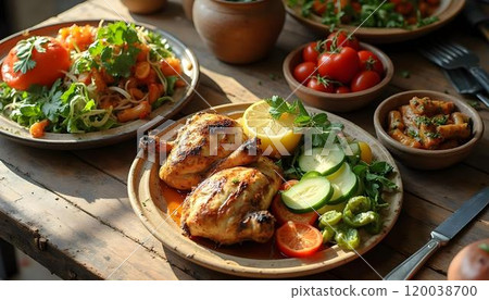 Delicious chicken fillets with vegetables on wooden table, closeup 120038700
