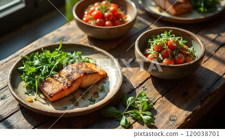 Grilled salmon fillet with tomatoes and arugula on wooden table 120038701