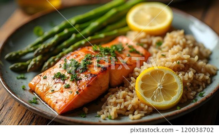 Salmon with brown rice, asparagus and lemon on wooden table 120038702
