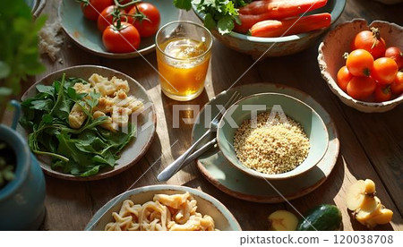 Healthy food background. Vegetables and pasta on wooden table. 120038708