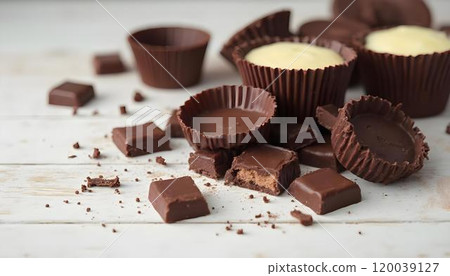 Assorted chocolate candies on white wooden background Assorted chocolate candies on white wooden background 120039127