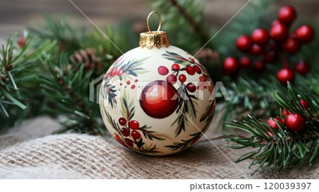 Hand-Painted Christmas Ornament with Holly and Pine Sprigs 120039397