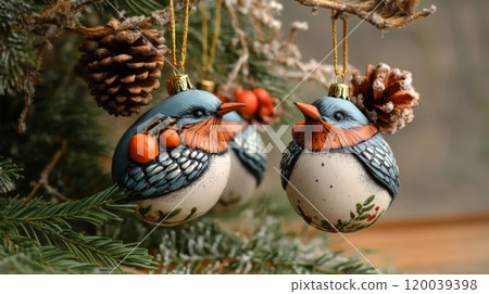 Two Hand-Painted Bird Ornaments Hanging on a Christmas Tree Two Hand-Painted Bird Ornaments Hanging on a Christmas Tree 120039398