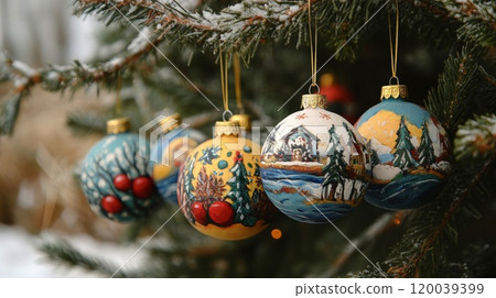 Hand-painted Christmas Ornaments Hanging on a Snowy Pine Branch 120039399