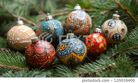 Hand-Painted Christmas Ornaments on a Pine Branch 120039400