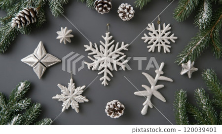 Silver Christmas Ornaments and Pine Branches on Gray Background 120039401