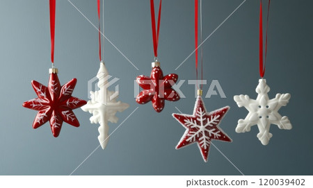 Red and White Star Ornaments with Red Ribbon Hangers 120039402