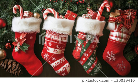 Christmas Stockings Filled with Candy Canes and Gifts 120039410