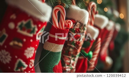 Candy Canes Peeking Out of Christmas Stockings Candy Canes Peeking Out of Christmas Stockings 120039412