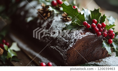 Chocolate Yule Log Decorated with Holly and Powdered Sugar 120039463