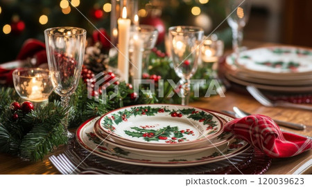 Christmas Table Setting with Holly-Patterned Plates and Festive Decorations 120039623