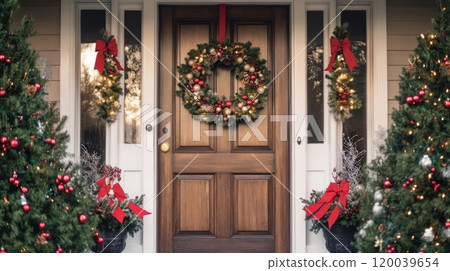 Festive Front Door with Christmas Decor and Trees Festive Front Door with Christmas Decor and Trees 120039654