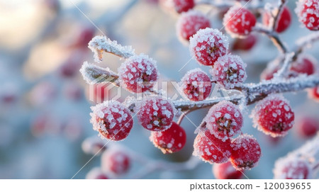 Red Berries Coated in Frost on a Branch 120039655