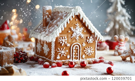 Gingerbread House Decorated with Snowflakes and Powdered Sugar Gingerbread House Decorated with Snowflakes and Powdered Sugar 120039701
