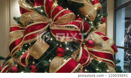 A Christmas Tree Decorated with Red and Gold Ribbons A Christmas Tree Decorated with Red and Gold Ribbons 120039841