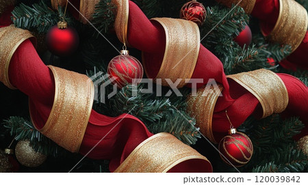 Red and Gold Christmas Ornaments and Ribbons on a Green Tree 120039842
