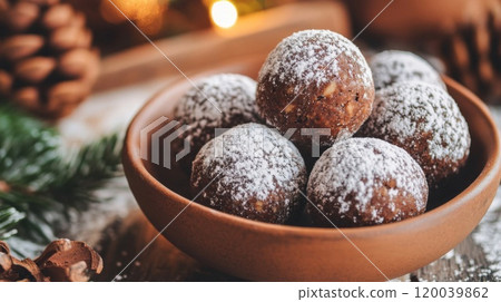 Chocolate Truffles Coated in Powdered Sugar in a Brown Bowl 120039862