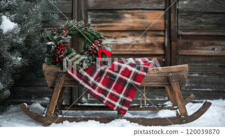 Christmas Wreath on a Wooden Sled in Snow Christmas Wreath on a Wooden Sled in Snow 120039870