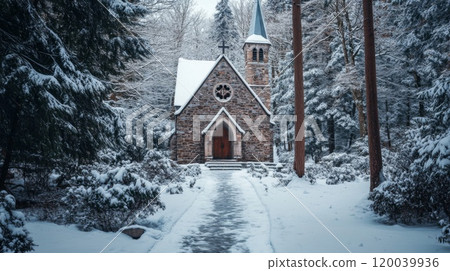 Stone Chapel in a Snowy Forest Stone Chapel in a Snowy Forest 120039936