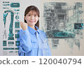 Woman in work clothes posing with her fist in the air_Automobile factory image 1 120040794