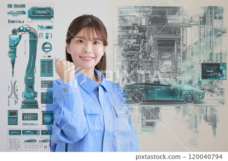 Woman in work clothes posing with her fist in the air_Automobile factory image 1 Woman in work clothes posing with her fist in the air_Automobile factory image 1 120040794