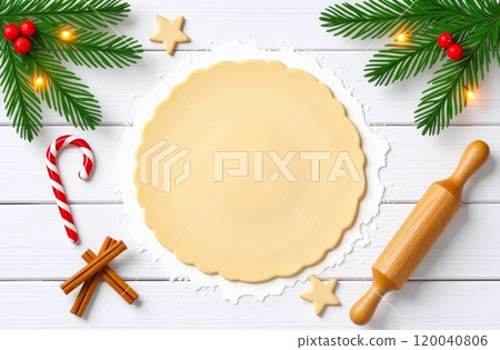 Christmas Home Baking for the holiday. Dough, flour, wooden rolling pin and ingredients for making Christmas cookies on white wooden table. Top view 120040806