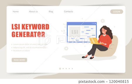 Lsi keyword generator. Landing page template. Key phrases generation service. Vector illustrations in cartoon style. Word search optimization 120040815
