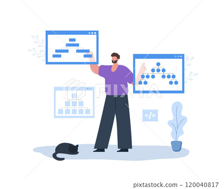 Sitemap Creation process. SEO optimization. Male Developer organizes site architecture. Diagram and structure website. Flowchart UI UX. Vector illustration in flat cartoon style Sitemap Creation process. SEO optimization. Male Developer organizes site architecture. Diagram and structure website. Flowchart UI UX. Vector illustration in flat cartoon style 120040817