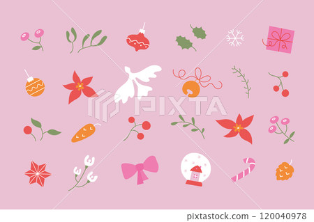 Minimalistic retro elements set with traditional Christmas symbols. Happy New Year, Merry Christmas winter plants, flower, bird, toy, ball on cute pink background. 120040978