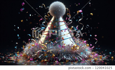 A classic party hat with a shiny metallic finish and colorful streamers. 120041025