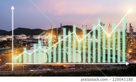 Oil-gas refinery or petrochemical plant. Include an arrow, graph, or bar chart. Increase trend or growth of production. 120041188