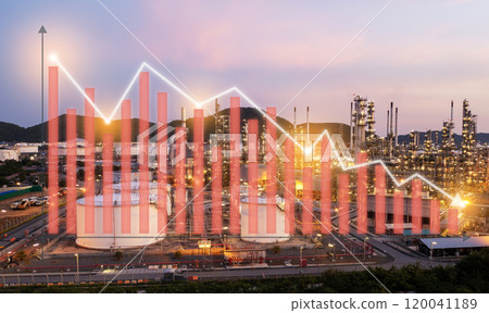 Oil-gas refinery or petrochemical plant. Include an arrow, graph, or bar chart. Decrease trend or low of production. Energy and economy crisis. 120041189