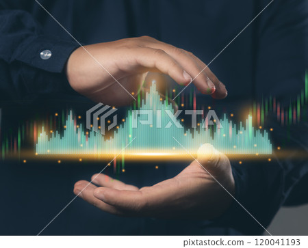 Hands protecting technical graph charts for analysis of stock market data and speculator investment concepts. Businessman planning digital marketing with chart hologram effect. 120041193