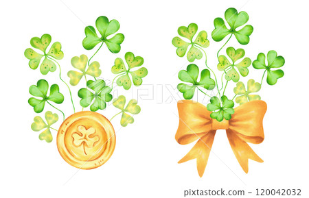 Gold coin and yellow bow with clover leaves. St. Patrick's Day composition. Watercolor and marker illustration. Hand drawn isolated art. Sketch of luck, wealth or success for holiday design. Gold coin and yellow bow with clover leaves. St. Patrick's Day composition. Watercolor and marker illustration. Hand drawn isolated art. Sketch of luck, wealth or success for holiday design. 120042032